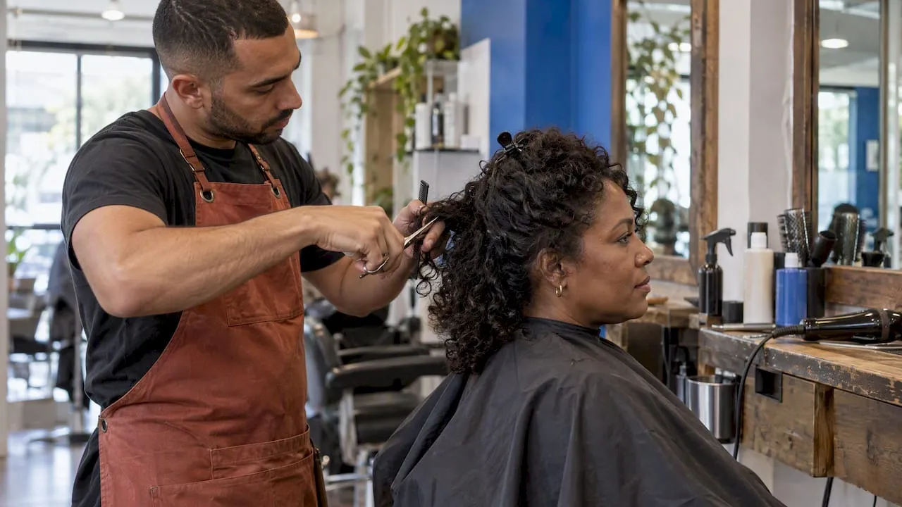 Coiffeur en train de faire une coupe en salon